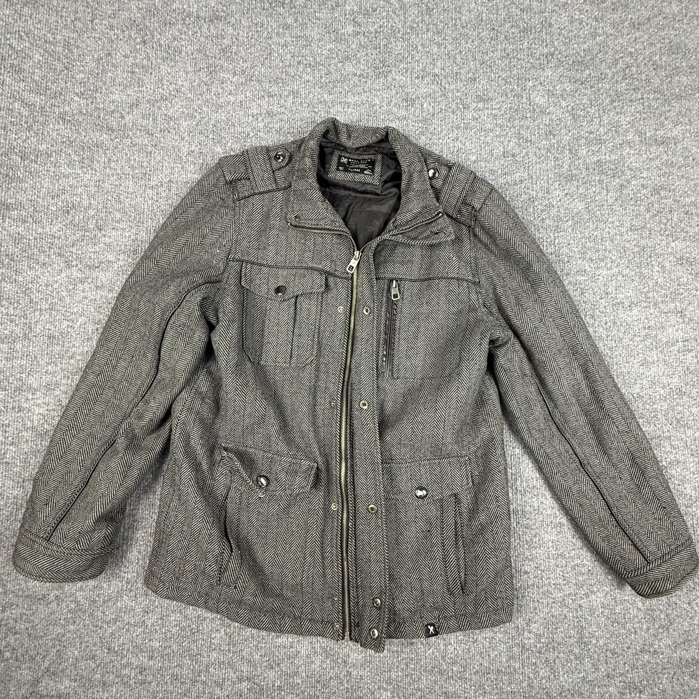 Marc Ecko Cut & Sew Jacket Mens Large Gray Herringbone Tweed Military Insulated